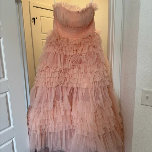 Mac Duggal Tiered Strapless Tulle A-Line High-Low Gown - Picture 3 of 6